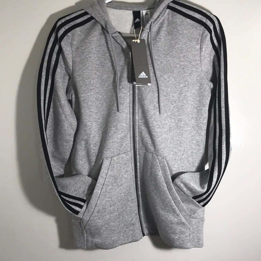 adidas Classic Athletic Hoodie Cotton Fleece 3-Stripe Zip-up Heather Grey Sz XS